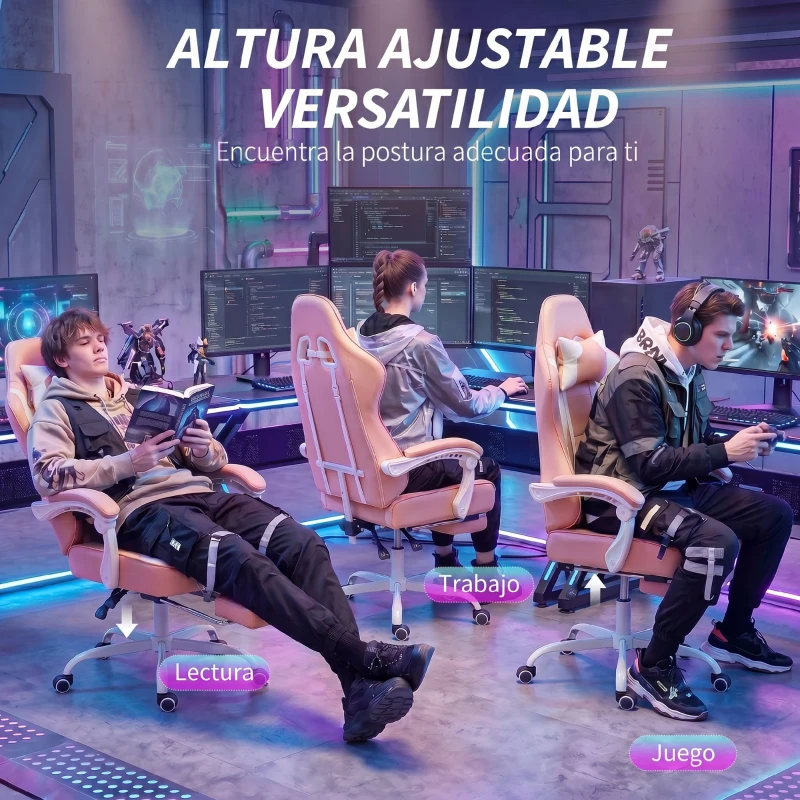 HOMCOM Silla Gamer con Lumbar Masaje Vibración Reclinable 155° Altura Ajustable Reposacabezas y Reposapiés Retráctil Rosa
