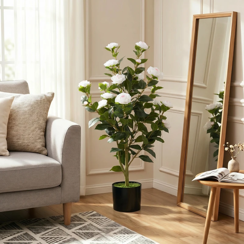 HOMCOM Plantă Artificială Camelie, Flori Realiste, 176 Frunze PEVA, Ghiveci PP, Alb
