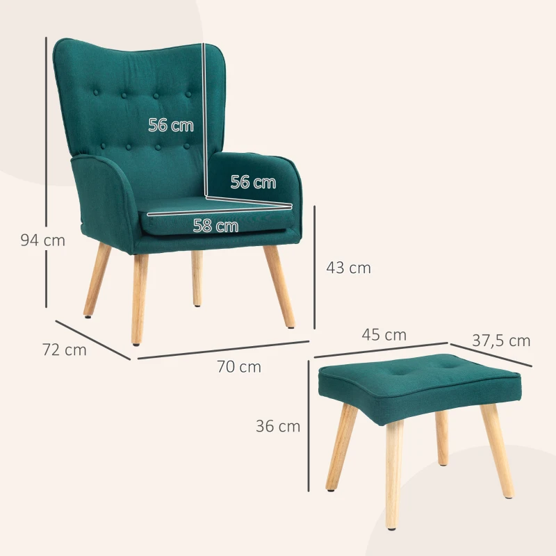 HOMCOM Sillón con Reposapiés Sillón Lectura con Respaldo Alto Capitoné Patas de Madera y Tapizado en Lino Verde Oscuro