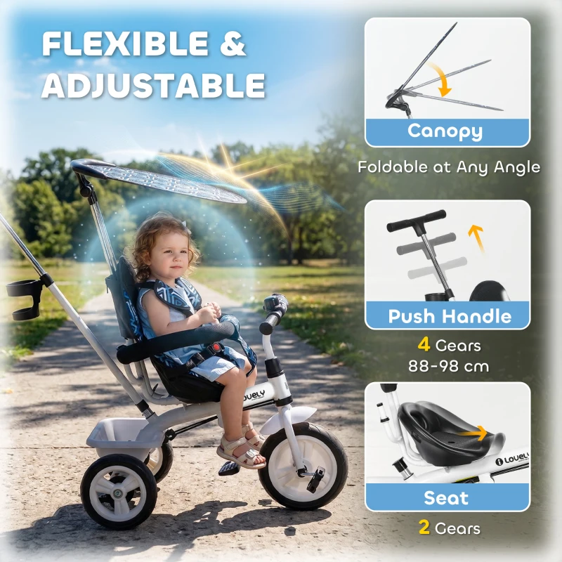 HOMCOM 6 in 1 Tricycle for Kids with 5-point harness straps, Removable Canopy, Blue
