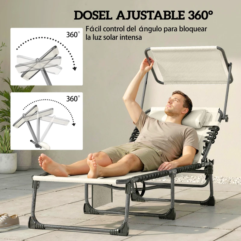 Outsunny Set de 2 Tumbonas Plegables con Reposacabezas Parasol Bolsillo Lateral y Respaldo Reclinable en 5 Posiciones Crema