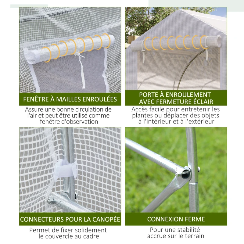 Outsunny Serre tunnel de jardin 8m², serre de jardin tunnel avec 1 portes et 6 fenêtres, bâche PE 140g/m² 400x200x200cm blanc