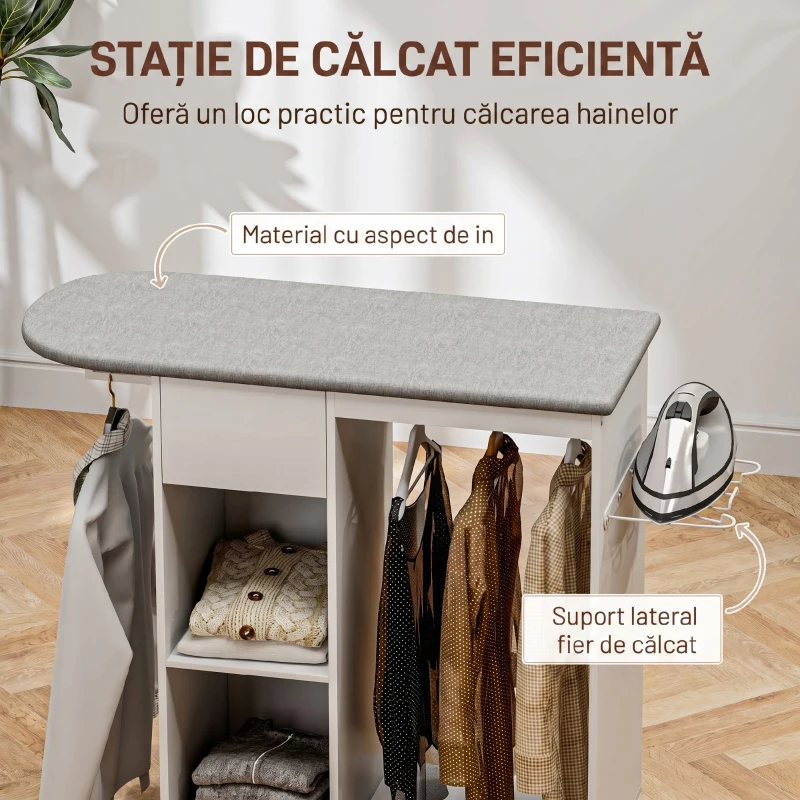 HOMCOM Dulap cu masă de călcat cu roți, suport pentru fier de călcat, bară pentru haine, sertar și rafturi, 125 x 43,5 x 112 cm, alb