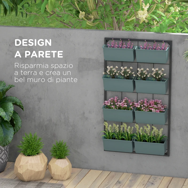 Outsunny Orto Verticale da Parete a 4 Livelli con 8 Vasi, in Acciaio e Plastica, 52x14x90 cm, Verde Scuro e Nero
