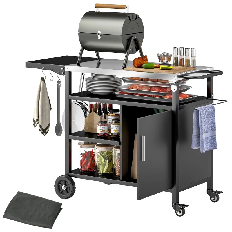 Outsunny Desserte jardin chariot de barbecue avec plateau en acier inoxydable tablette pliable, crochets, housse inclus,, noir