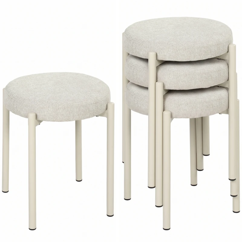 HOMCOM Set de 4 Taburete Stivuite Rotunde cu Șezut Tapițat, fără Spătar, Economisire de Spațiu, 45 x 45 x 47,5 cm, Crem