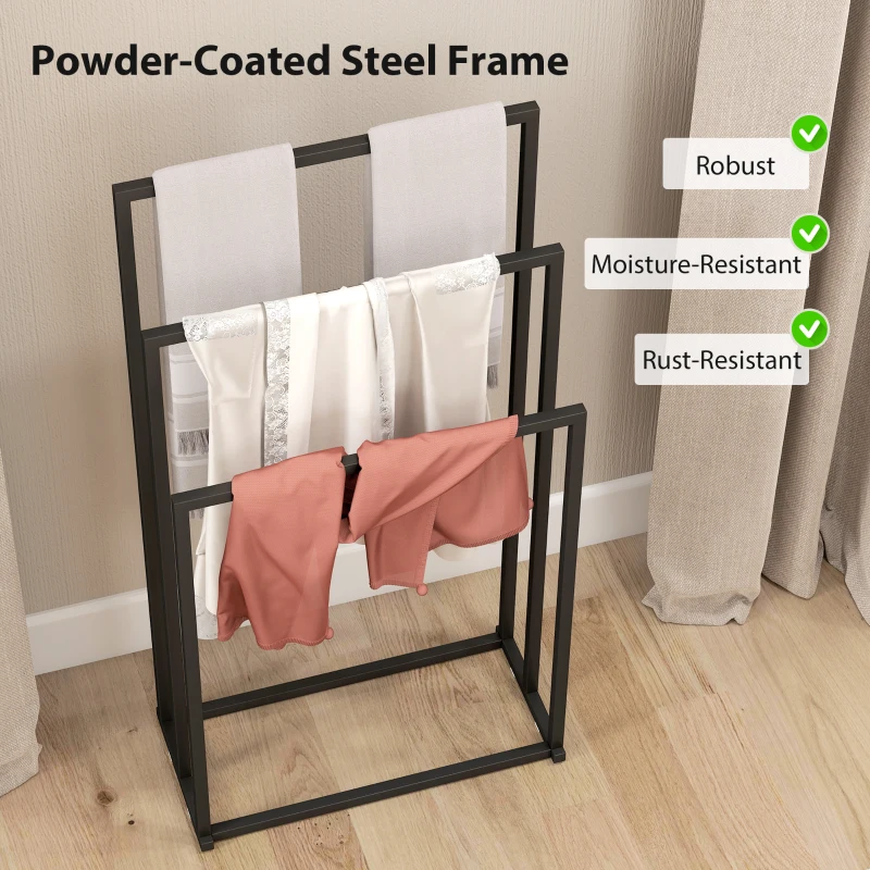 HOMCOM Freestanding Towel Rack, Steel Towel Rail Holder with 3 Bars, Black