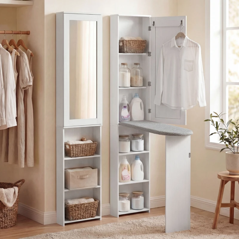 HOMCOM Mueble de Plancha con Espejo Tabla de Planchar Plegable 6 Compartimentos 2 Ganchos 107x35x174 cm Blanco