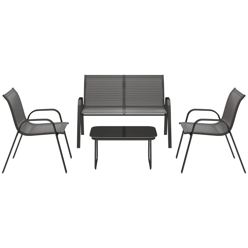 Outsunny Conjunto de Muebles de Jardín de 4 Piezas con 2 Sillas Apilables y Banco de 2 Plazas con Mesa de Café de Vidrio Negro