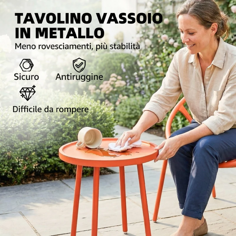 Outsunny Set Bistrot 3 Pezzi, Arredo Esterno Compatto in Metallo, Rosso Mattone