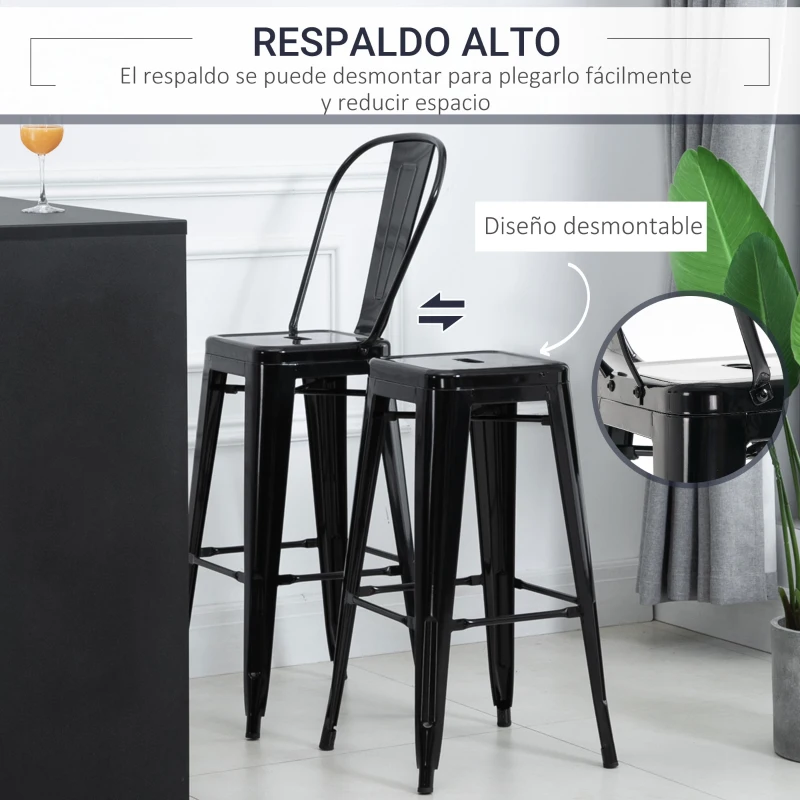 HOMCOM Juego de 4 Taburetes Altos de Cocina de Metal con Respaldo Alto y Reposapiés para Comedor 44x46x116 cm Negro