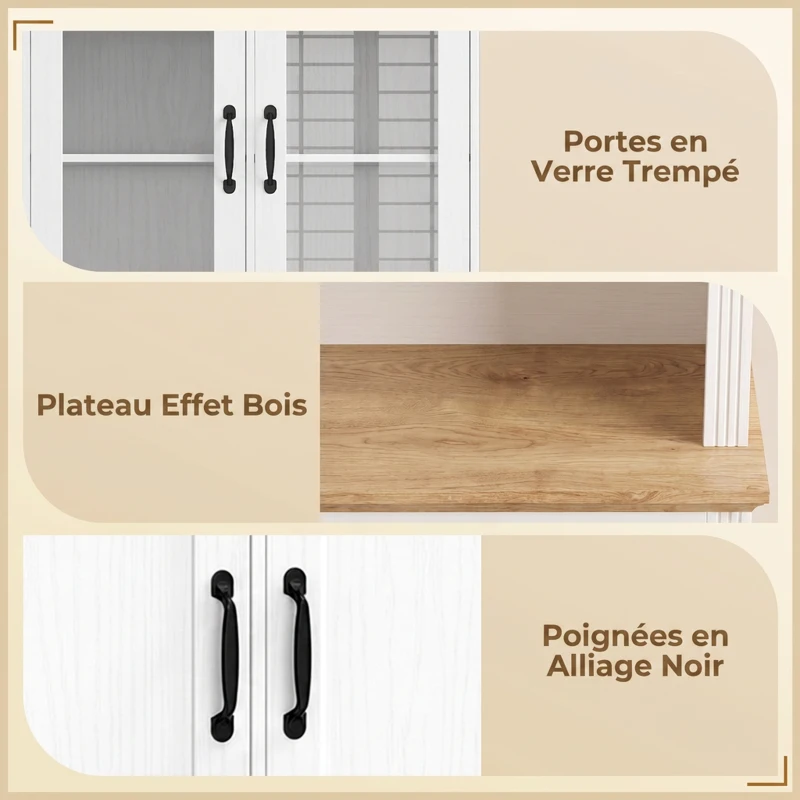 HOMCOM Buffet Haut Cuisine, Armoire Cuisine, 4 Portes dont 2 en Verre, 2 Tiroirs, Plan de Travail, Étagères Réglables, Blanc