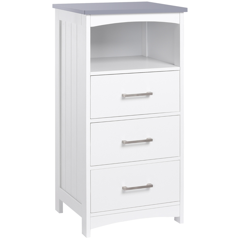 kleankin Badezimmerschrank Badschrank Badkommode mit 3 Schubladen und offenem Fach Badschrank schmal Modern Weiß 40 x 33 x 80 cm