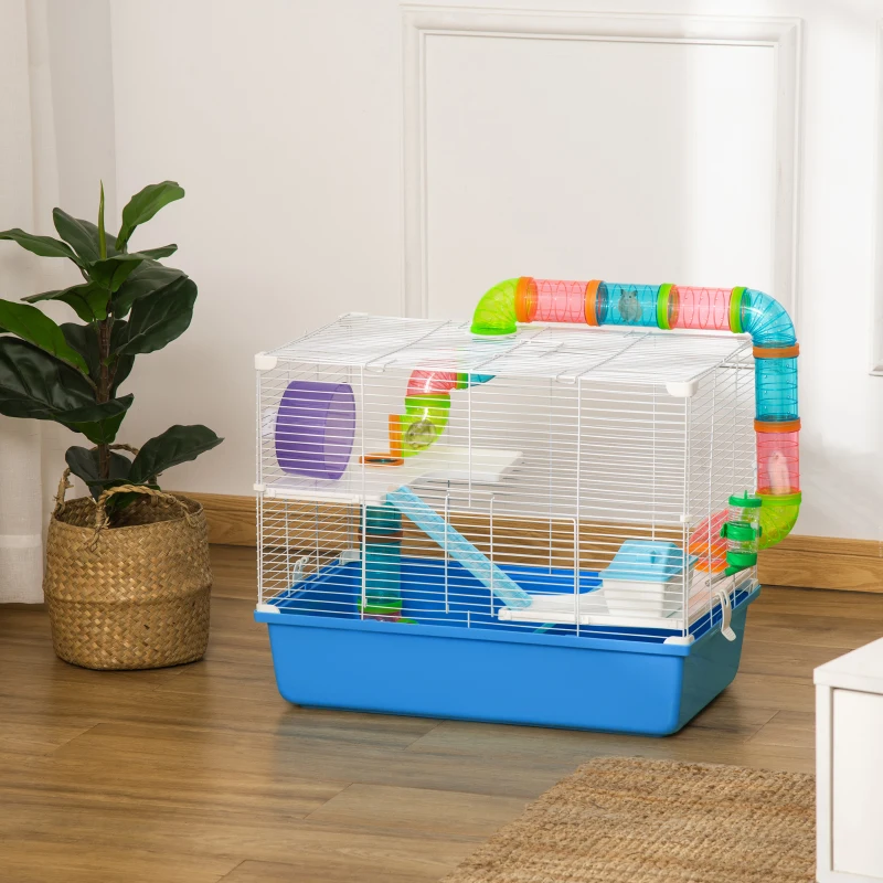 PawHut Cușcă pentru Hamsteri cu 3 Niveluri, Tuneluri, Căsuță și Roată pentru Hamsteri, 59x36x47cm, Albastru și Alb