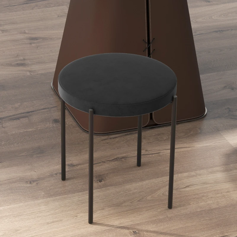 HOMCOM Set 4 Sgabelli Bassi e Rotondi in Metallo e Tessuto Effetto Velluto, 41.5x41.5x46 cm, Nero
