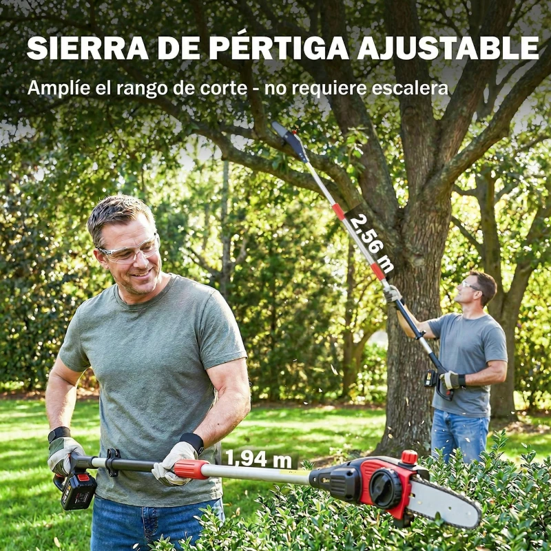 Outsunny Motosierra Eléctrica Extensible 1,94-2,56 m con 2 baterías 4,0 Ah Cargador Doble Bloqueo Lubricación Automática