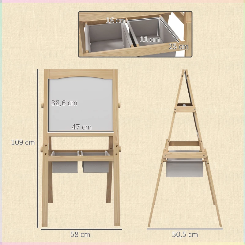 AIYAPLAY Caballete para Niños 3 en 1 Pizarra Caballete de Doble Cara Pizarra Blanca Caballete para Dibujo 58x50,5x109 cm Natural