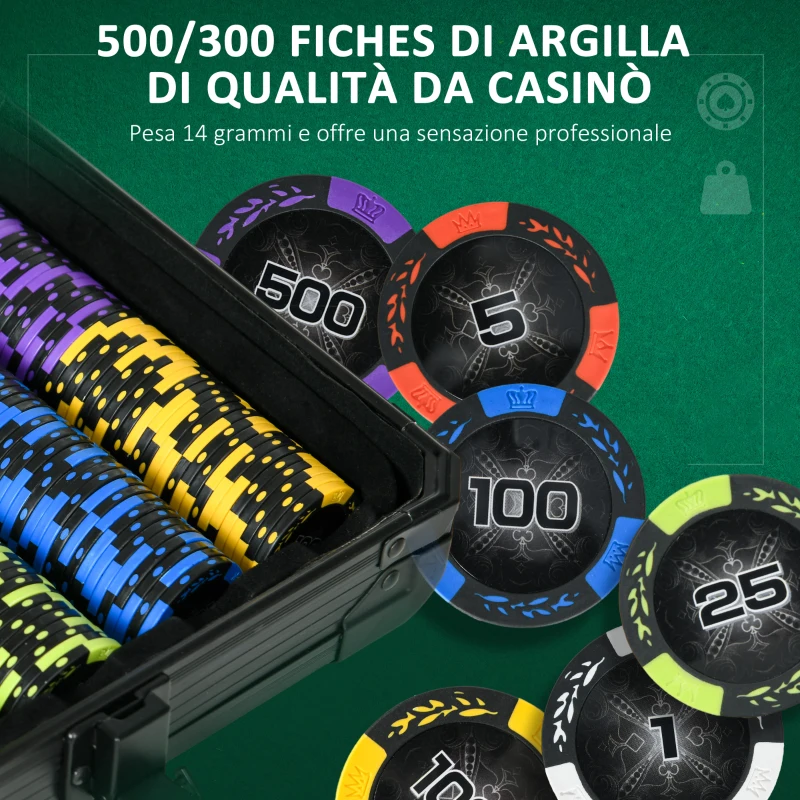 SPORTNOW Set Poker con 500 Fiches, 2 Mazzi di Carte, 5 Dadi, Pulsanti e Valigetta Protettiva in Alluminio Nero
