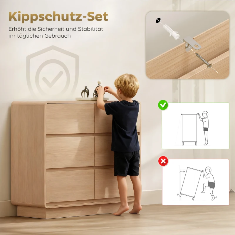 HOMCOM 100 cm Sideboard, Buffetschrank mit 6 Schubladen, Kommode für Küche, Wohnzimmer, Esszimmer, Naturholz