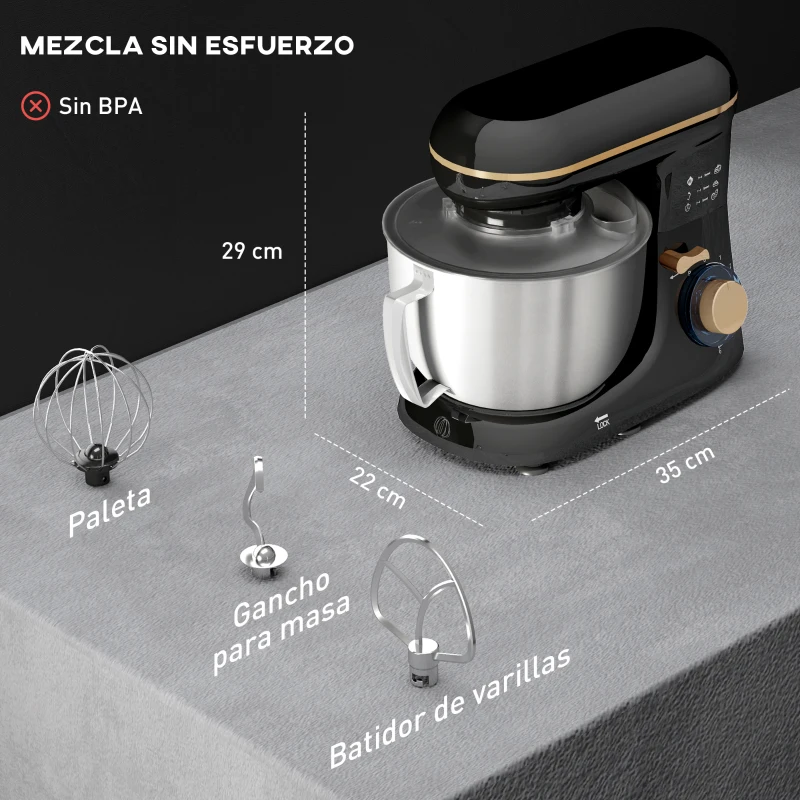 HOMCOM Amasadora 1300W 4,5L 6 Velocidades Bol de Acero Inoxidable Batidor Ganchos Varillas Protector contra Salpicaduras Negro