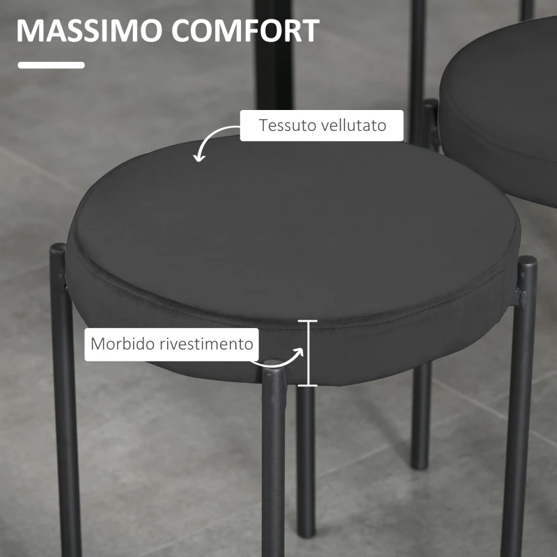 HOMCOM Set 4 Sgabelli Bassi e Rotondi in Metallo e Tessuto Effetto Velluto, 41.5x41.5x46 cm, Nero