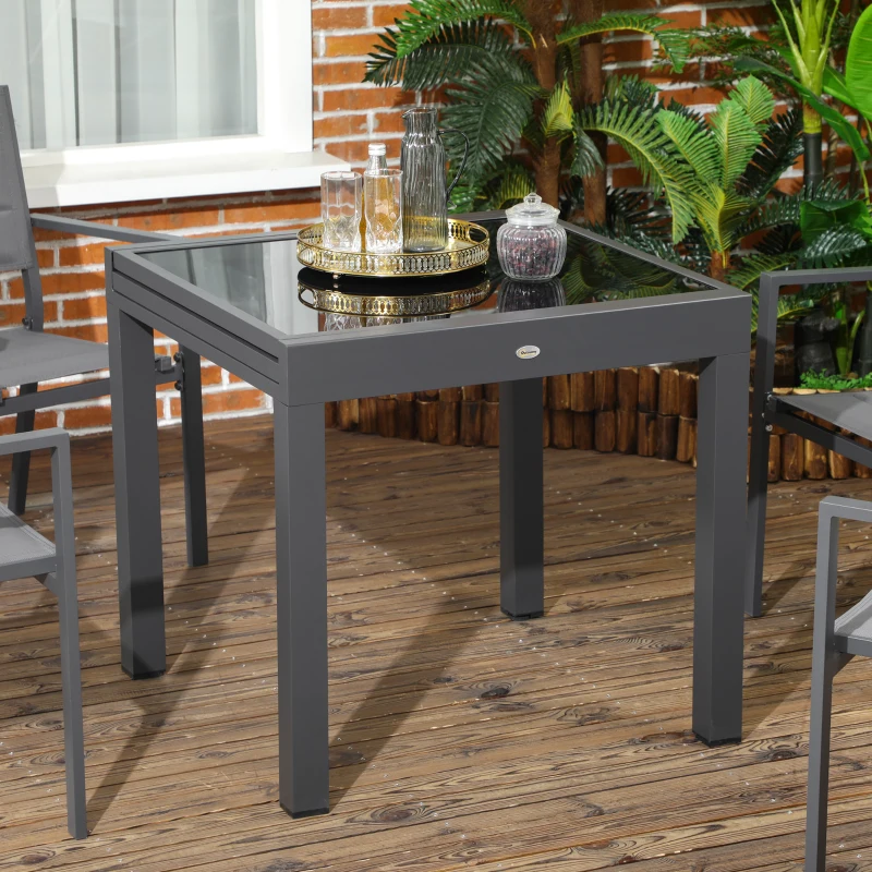 Outsunny Tavolo da Pranzo Allungabile da Giardino con Piano in Vetro e Alluminio, 80-160x80x75 cm, Nero