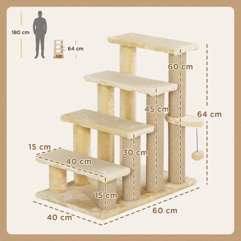 PawHut 4-step Pet Stairs with Scratching Posts, Platforms, Toy Ball, Beige