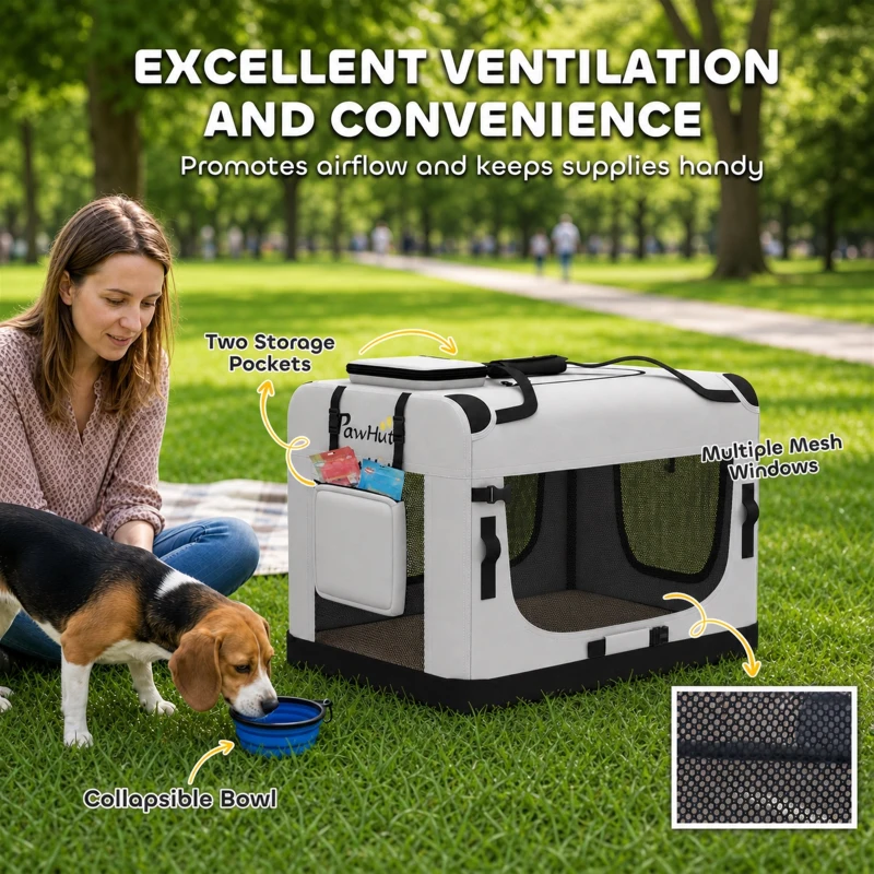 PawHut Pet Carrier Bag, Soft-Sided Dog Carrier with Security Buckle Strap, Washable Cushion and Folded Bowl, Light Grey