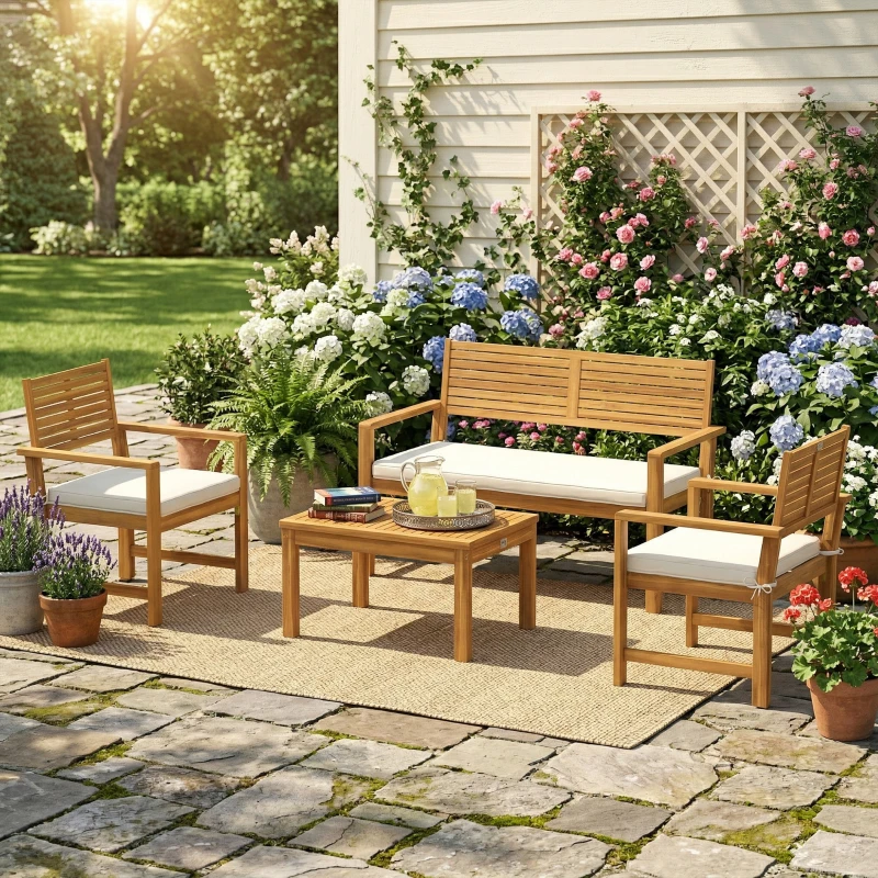Outsunny 4 Seater Wooden Garden Furniture Set with Loveseat, Armchairs, Table, Acacia Wood Garden Sofa Set, Cream White