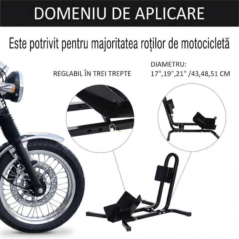 HOMCOM Blocator pentru Roata Motocicletei, Reglabil pe 3 Niveluri, max 250 kg, din Metal, 60x55x43 cm, Negru