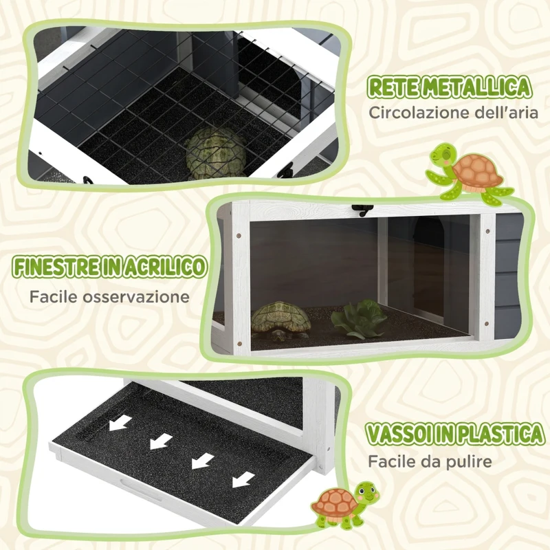 PawHut Casa per Tartarughe di Terra con 2 Coperchi Apribili e 2 Spazi, in Legno di Abete, Grigio
