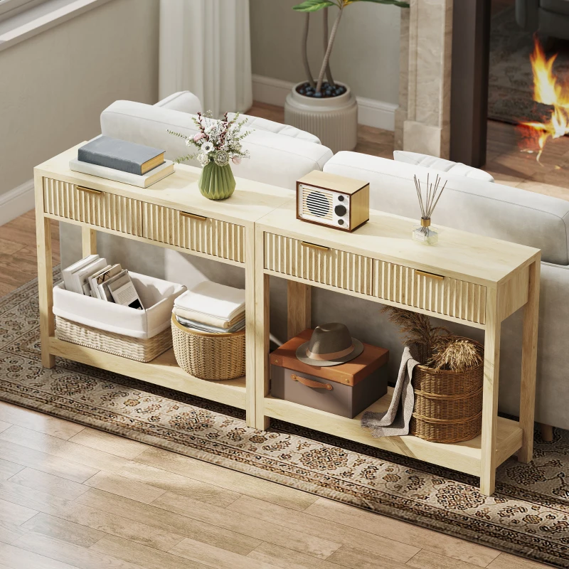 HOMCOM Console meuble 90 cm, table console étroite avec 2 tiroirs rainurés et étagère, style moderne, bois naturel