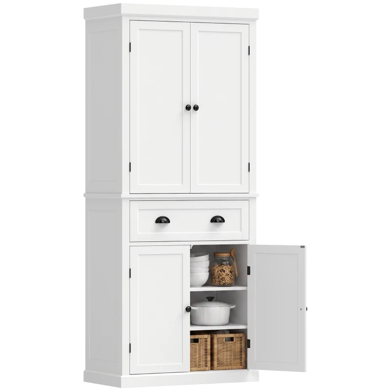 HOMCOM Tall Kitchen Cupboard, 183 cm Freestanding Storage Cabinet with Drawer, 4 Doors and Adjustable Shelves, White