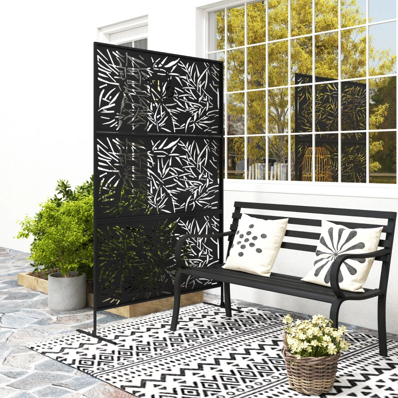 Outsunny Decorative Garden Privacy Screen with Stand, 6.5FT Freestanding Metal Outdoor Divider, Decorative Privacy Panel with Expansion Screws for Garden Pool Hot Tub, Bamboo Style, Black