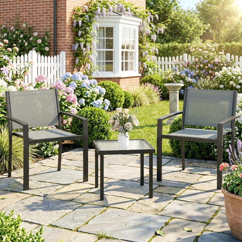 Outsunny Conjunto de Mesa y Sillas de Terraza Exterior 3 Piezas con 2 Sillas de Textilene Mesa de Vidrio Templado Gris Claro