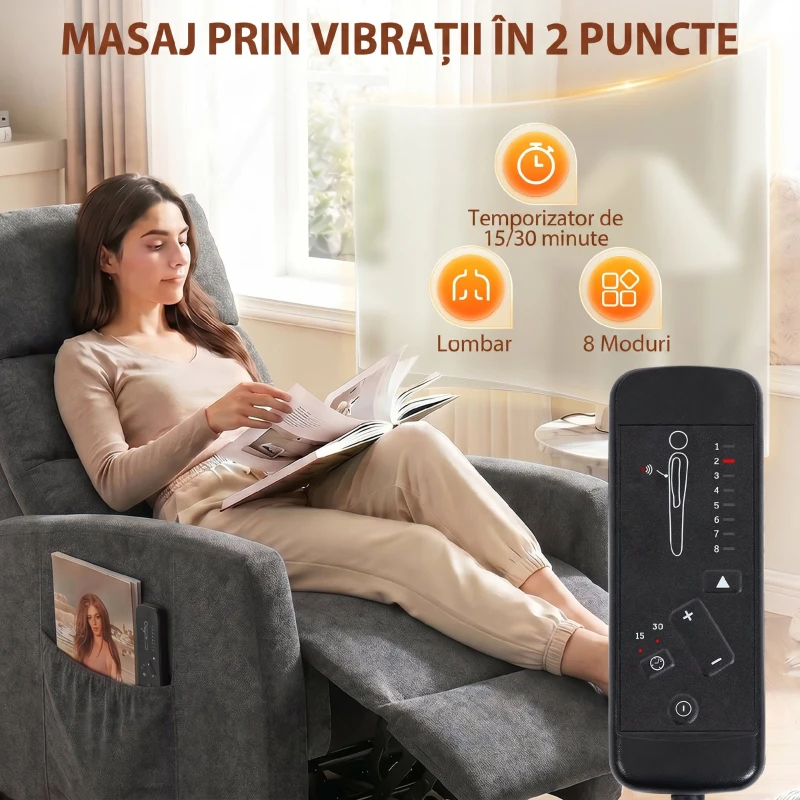 HOMCOM Fotoliu Reclinabil Manual cu Masaj 160°, Chenille, Suport Picioare, Telecomandă, Buzunare, Gri Închis