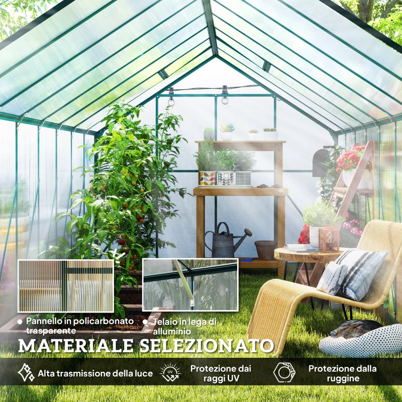 Outsunny Serra da Giardino in Policarbonato, Metallo e Alluminio, Anti-UV e Antivento, 244x500x216cm, Verde