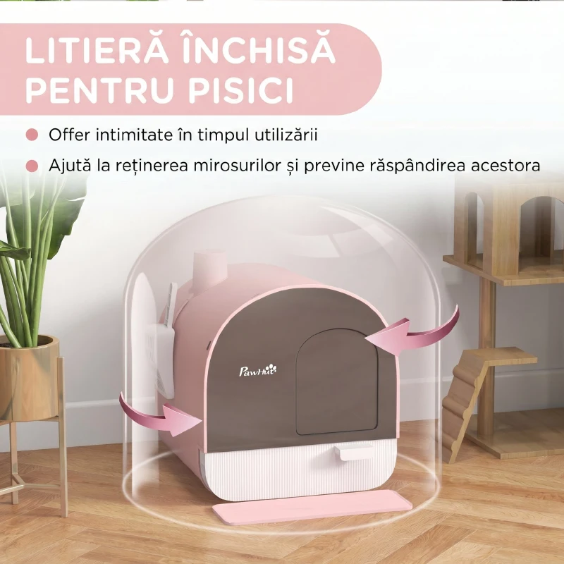 PawHut Litieră pentru Pisici Închisă cu Filtre, Lopățică și Tăviță, Structură din PP, 43x44x47cm, Roz