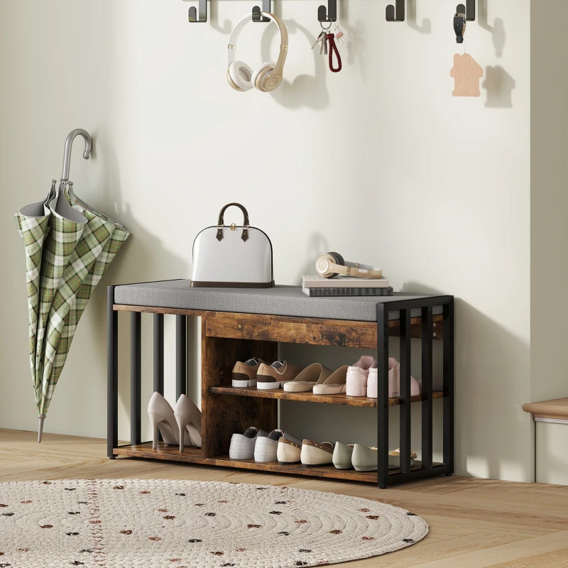 HOMCOM Shoe Storage with Seat, Upholstered Entryway Bench, Shoe Bench with 3 Open Shelves for Hallway, Rustic Brown