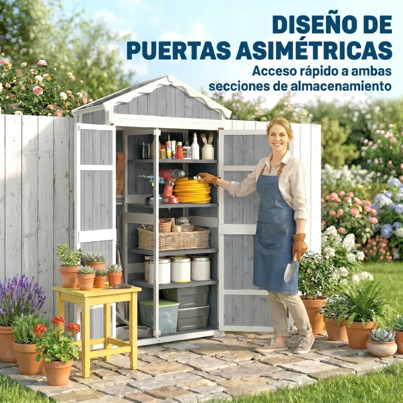Outsunny Caseta de Jardín de Madera 105x55x179 cm Armario para Herramientas con 4 Estantes Techo de Metal Galvanizado Gris