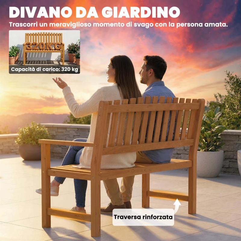 Outsunny Panchina da Giardino 2 Posti in Legno di Acacia con Schienale a Doghe e Braccioli, 112x64x92 cm, Color Legno