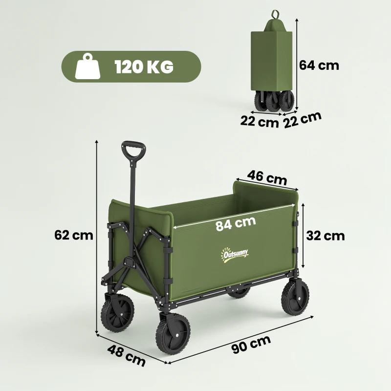 Outsunny 180L Festival Trolley on Wheels, Folding Compact Camping Trolley Cart with Adjustable Handle, 120 KG Capacity for Garden, Beach, Fishing, Green