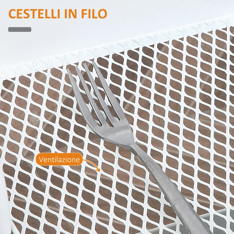 HOMCOM Carrello Cucina Multiuso con Ruote Girevoli, 2 Cesti, Cassetto e Piano in Legno, Bianco