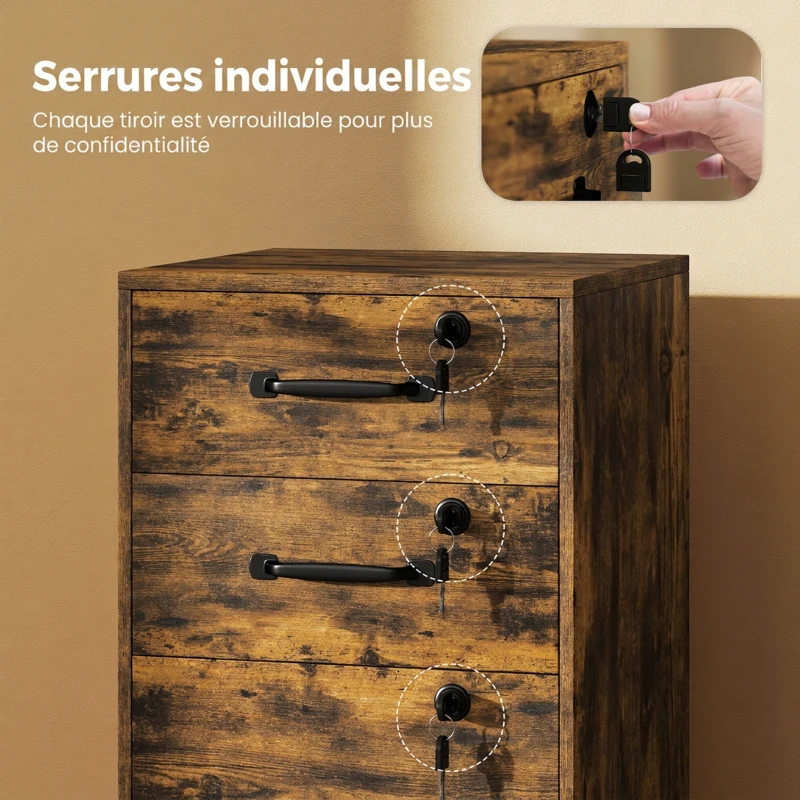 HOMCOM Caisson de Bureau Mobile avec 3 Tiroirs Verrouillables, Caisson de Rangement sur Roulettes, 40 x 40 x 69,5 cm, Marron