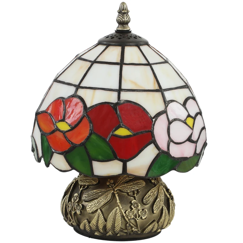 HOMCOM Handcrafted Classic Stained Glass Bedside Lamp, Tiffany-Style Table Lamp with Sculpted Dragonfly Base, Multi-Coloured