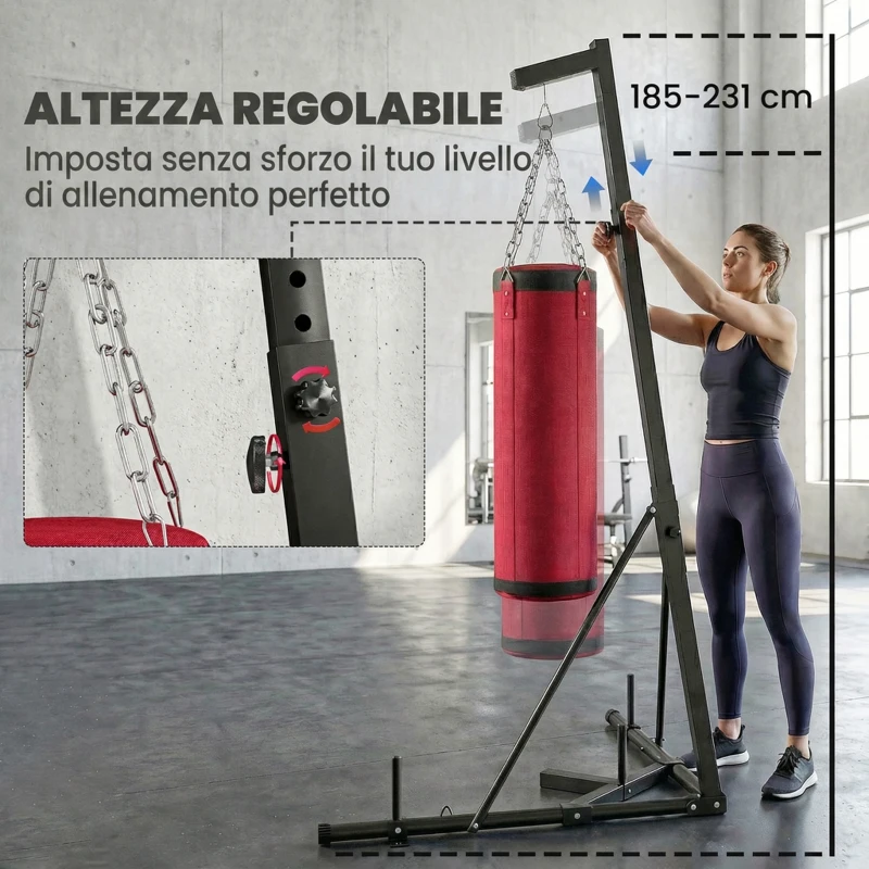 SPORTNOW Supporto Sacco Boxe Regolabile con Base Triangolare e Sacco da Boxe, in Acciaio e Tela, 175x91x185-231 cm, Rosso