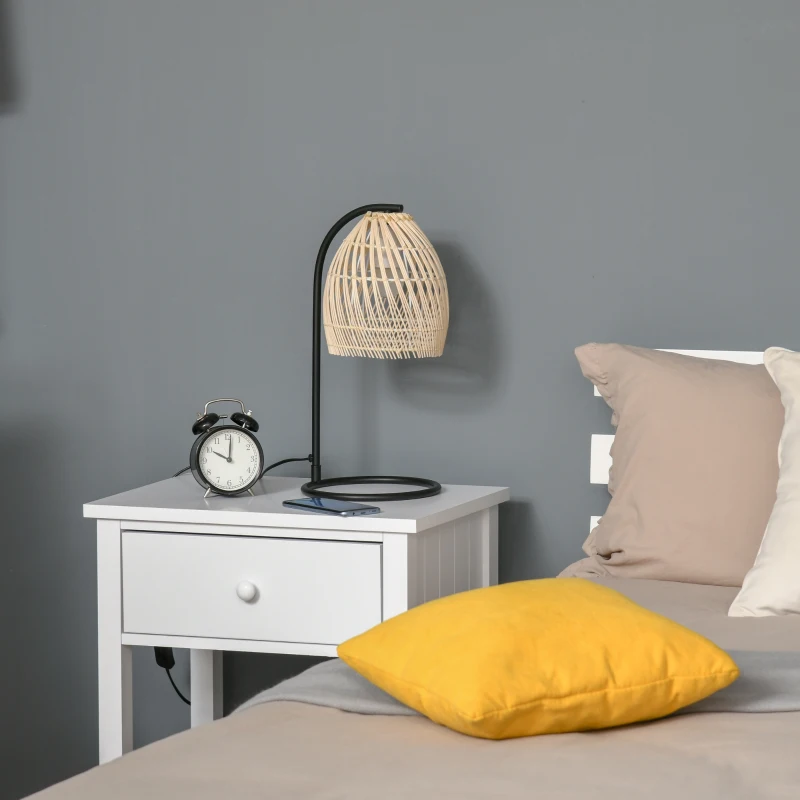 HOMCOM Lampe de table lampe de chevet style vintage rustique abat-jour en rotin Ø 20 x 41H cm beige noir