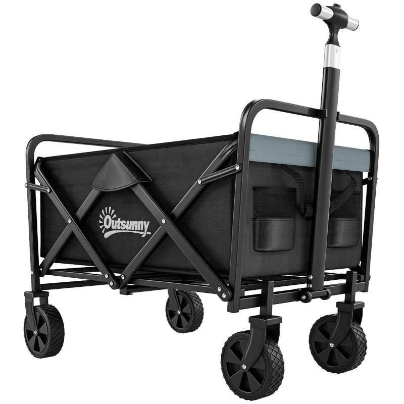 Outsunny Carro de Jardín Plegable con 4 Ruedas Longitud y Ángulo del Mango Ajustables Capacidad 70 L 77x50x63-93 cm Negro