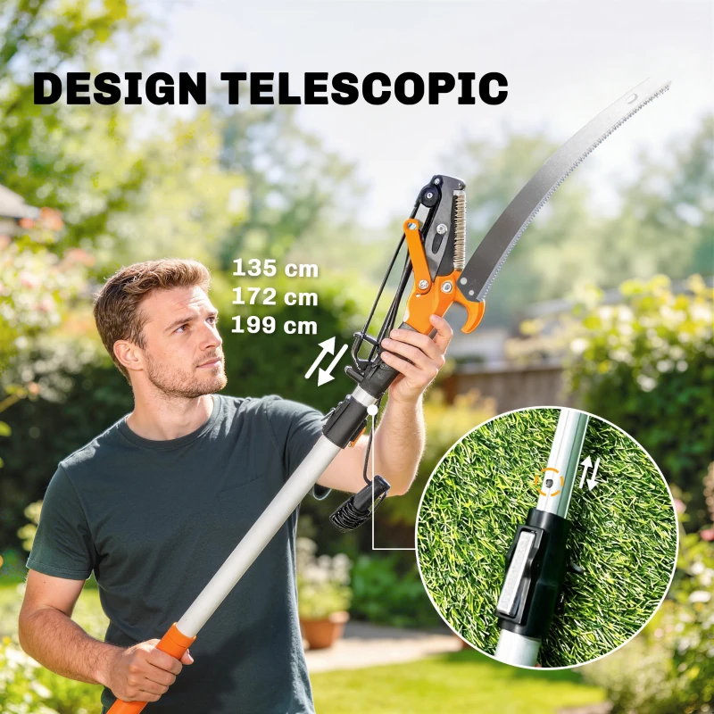 Outsunny Fierăstrău și Foarfecă cu Tijă Telescopică 135-199 cm din Aluminiu, pentru Ramuri Înalte, Portocaliu