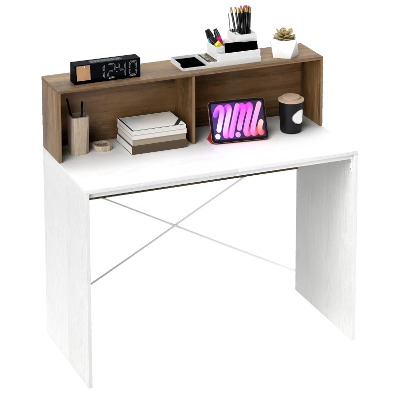 HOMCOM Birou PC Modern cu Blat Înălțat și 2 Rafturi, din PAL, 110x50x102,6 cm, Alb, Maro și Nuc